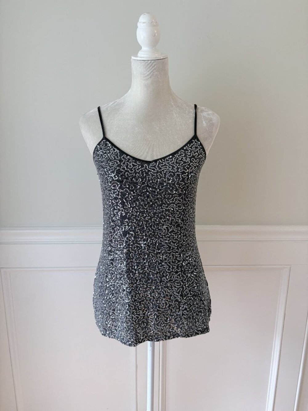 Express Womens Black & Silver Sequin Adjustable Strap Tank Top S